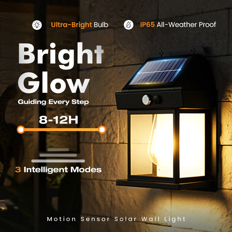 Motion Sensor Solar Wall Light, IP65 Waterproof Solar Lantern Wall Lamp, 3 Lighting Modes, Auto On/Off, Bright Warm Light for Garden, Patio, Porch & Pathway