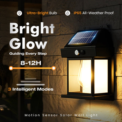 Motion Sensor Solar Wall Light, IP65 Waterproof Solar Lantern Wall Lamp, 3 Lighting Modes, Auto On/Off, Bright Warm Light for Garden, Patio, Porch & Pathway
