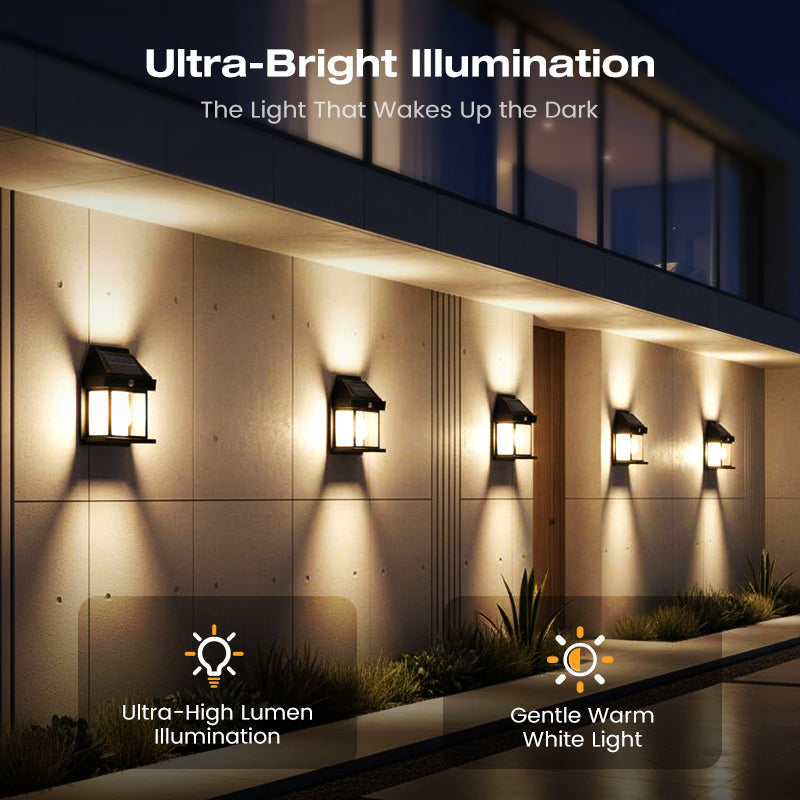 Motion Sensor Solar Wall Light, IP65 Waterproof Solar Lantern Wall Lamp, 3 Lighting Modes, Auto On/Off, Bright Warm Light for Garden, Patio, Porch & Pathway