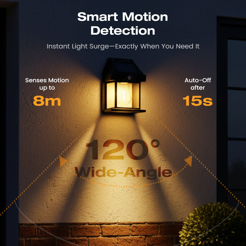 Motion Sensor Solar Wall Light, IP65 Waterproof Solar Lantern Wall Lamp, 3 Lighting Modes, Auto On/Off, Bright Warm Light for Garden, Patio, Porch & Pathway