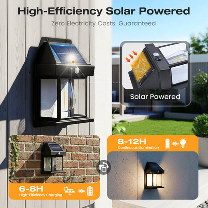 Motion Sensor Solar Wall Light, IP65 Waterproof Solar Lantern Wall Lamp, 3 Lighting Modes, Auto On/Off, Bright Warm Light for Garden, Patio, Porch & Pathway