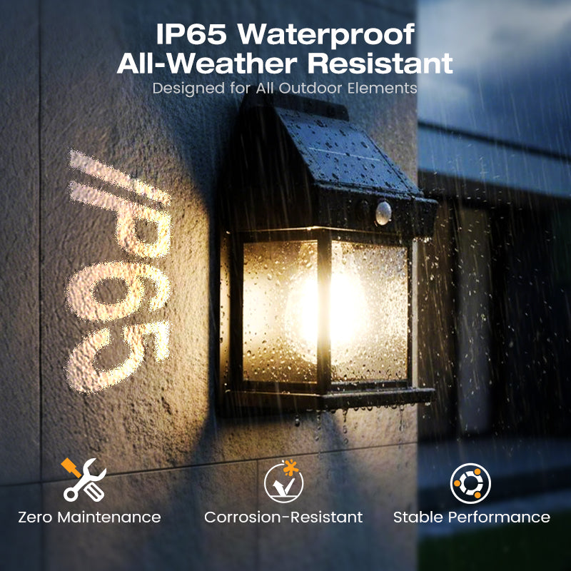 Motion Sensor Solar Wall Light, IP65 Waterproof Solar Lantern Wall Lamp, 3 Lighting Modes, Auto On/Off, Bright Warm Light for Garden, Patio, Porch & Pathway