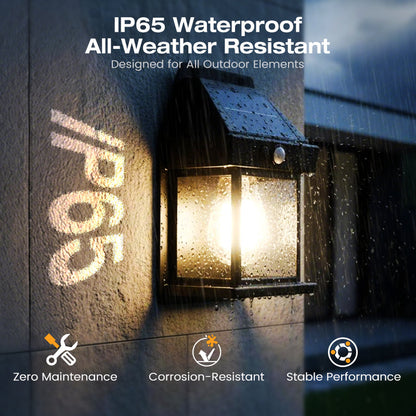 Motion Sensor Solar Wall Light, IP65 Waterproof Solar Lantern Wall Lamp, 3 Lighting Modes, Auto On/Off, Bright Warm Light for Garden, Patio, Porch & Pathway
