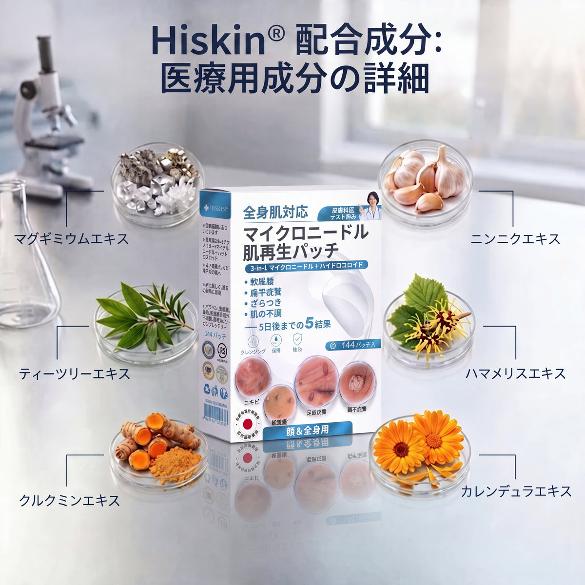 5日で効果を実感 ― Hiskin® 2-in-1 マイクロニードル・ハイドロコロイドパッチ：肌の気になる箇所をケアする、痛みや跡が残らない高品質なパッチです。
